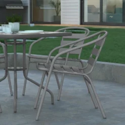 Emma And Oliver 31.5'' Square Glass Top Metal Table With 4 Aluminum Slat Stack Chairs -Emma And Oliver GUEST 01487de4 7548 4c2b bfeb d7916da064ac