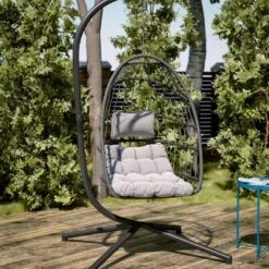 Emma And Oliver Awen Foldable Hanging Egg Chair With Woven Finish, Removable Cushions, And Included Stand For Indoor And Outdoor Use -Emma And Oliver GUEST 01b60baf dab1 4aca 9f4d 579ff18bbb2a