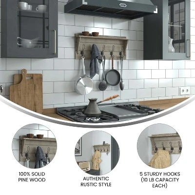 Emma And Oliver Rustic Wall Hanging Storage Rack With 5 Hooks For Entryway, Kitchen, Bathroom And More 5 Emma And Oliver Rustic Wall Hanging Storage Rack With 5 Hooks For Entryway, Kitchen, Bathroom And More - Image 5