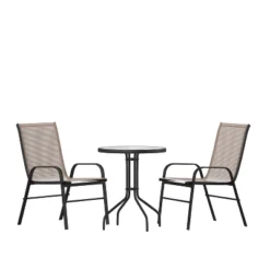 Emma And Oliver Three Piece Patio Table Set With Round Metal Frame Table With Tempered Glass Top And Two Flex Comfort Stacking Chairs -Emma And Oliver GUEST 0318e892 1869 4938 9939 19727957b8f7