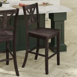 Emma And Oliver Set Of 2 Wooden Modern Farmhouse Bar Height Dining Stool With Decorative Carved Backrest And Wood Seat -Emma And Oliver GUEST 03b3287e 2318 4e46 8411 39ce26ae8f0f