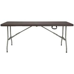 Emma And Oliver 6-Foot Bi-Fold Brown Rattan Plastic Folding Table With Handle - Event Table -Emma And Oliver GUEST 052737fa fc05 49d8 9bc2 053fd7d6f6db