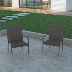 Emma And Oliver Stacking All-Weather Wicker Wrapped Powder Coated Steel Patio Club Chairs For Indoor And Outdoor Use -Emma And Oliver GUEST 090ed84e a38f 49d4 9ccc bf22e927f28d