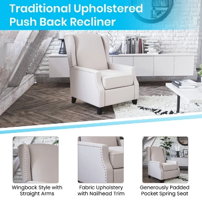 Emma And Oliver Fabric Upholstered Easy Push Back Recliner - Classic Wingback Design With Nailhead Accent Trim And Footrest 5 Emma And Oliver Fabric Upholstered Easy Push Back Recliner - Classic Wingback Design With Nailhead Accent Trim And Footrest - Image 5