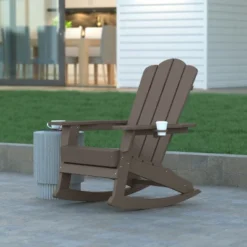 Emma And Oliver Adirondack Rocking Chair With Cup Holder, Weather Resistant HDPE Adirondack Rocking Chair In Brown