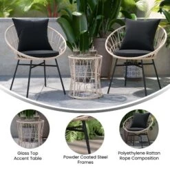 Emma And Oliver 3 Piece Boho Patio Set - Faux Rattan Rope Papasan Style Chairs With Cushions And Glass Topped Side Table -Emma And Oliver GUEST 12f2c278 4572 43a7 a59c 724759e99cd3