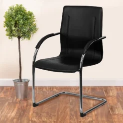 Emma And Oliver 4 Pack Black Vinyl Side Reception Chair W/ Chrome Sled Base - Lobby & Guest Seating