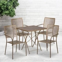 Emma And Oliver Commercial 28" Square Metal Folding Patio Table Set W/ 4 Square Back Chairs