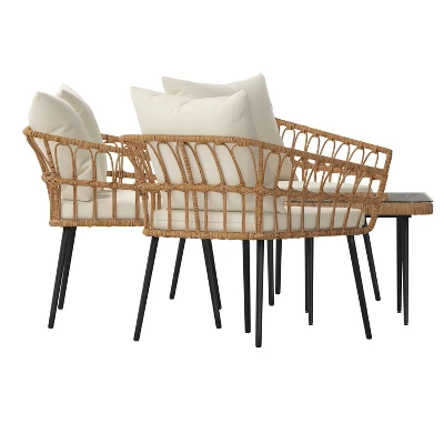 Emma And Oliver Four Piece Indoor/Outdoor Boho Open Weave Natural Rattan Rope Patio Set With Two Chairs, Loveseat And Table With Cushions 2 Emma And Oliver Four Piece Indoor/Outdoor Boho Open Weave Natural Rattan Rope Patio Set With Two Chairs, Loveseat And Table With Cushions - Image 2
