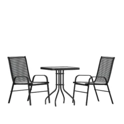 Emma And Oliver Three Piece Patio Table Set With Square Metal Frame Table With Tempered Glass Top And Two Flex Comfort Stacking Chairs -Emma And Oliver GUEST 177483c8 56fd 4319 b3e3 0df97e3060c6