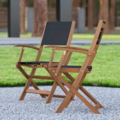 Emma And Oliver Set Of Two Weather Resistant All Natural Acacia Wood Folding Bistro Chairs With Armrests And Textilene Mesh Seats And Backs -Emma And Oliver GUEST 17d2d339 a83d 4bf6 9bb7 7d36ff870c71