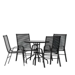 Emma And Oliver Five Piece Patio Table Set With Round Metal Table With Tempered Glass Top And 4 Flex Comfort Stacking Chairs -Emma And Oliver GUEST 186bec1e b36c 4c7a a7d0 e39a21ee3bb8