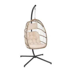 Emma And Oliver Awen Foldable Hanging Egg Chair With Woven Finish, Removable Cushions, And Included Stand For Indoor And Outdoor Use -Emma And Oliver GUEST 1916b9d8 16b6 4bdd 9357 4a79983d18e1