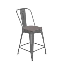 Emma And Oliver Clear Coated Metal Stool With Backrest And Polyresin Seat For Indoor Use Only -Emma And Oliver GUEST 1ae38144 ef8a 4c4a b302 eef7fbb9a93f