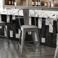 Emma And Oliver Clear Coated Metal Stool With Backrest And Polyresin Seat For Indoor Use Only -Emma And Oliver GUEST 1aef0374 2485 45b1 a122 f268a39acd3d