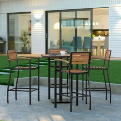 Emma And Oliver Outdoor Bar Height Table With Faux Teak Poly Slats -Emma And Oliver GUEST 1d1e24b3 1f19 4ce3 829b 17c81b070b92