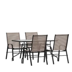 Emma And Oliver Five Piece Patio Table Set With Metal Table With Tempered Glass Top And 4 Flex Comfort Stacking Chairs -Emma And Oliver GUEST 1ea9e465 a3aa 4505 9ffa 6f52b3bcc35f