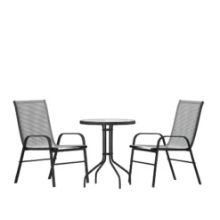 Emma And Oliver Three Piece Patio Table Set With Round Metal Frame Table With Tempered Glass Top And Two Flex Comfort Stacking Chairs -Emma And Oliver GUEST 200bc9fa 227b 4129 8151 8a327f71ba99