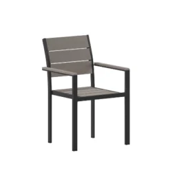 Emma And Oliver Outdoor Stacking Side Chair With Faux Teak Poly Slat Seat, Back And Arms And Metal Frame -Emma And Oliver GUEST 21c84e97 6cb8 484b 983b 57c0ae91f85f