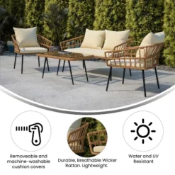Emma And Oliver Four Piece Indoor/Outdoor Boho Open Weave Natural Rattan Rope Patio Set With Two Chairs, Loveseat And Table With Cushions 20 Emma And Oliver Four Piece Indoor/Outdoor Boho Open Weave Natural Rattan Rope Patio Set With Two Chairs, Loveseat And Table With Cushions -Emma And Oliver GUEST 251a410d ef08 45a2 93ad 7955f6a68696