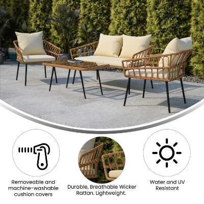 Emma And Oliver Four Piece Indoor/Outdoor Boho Open Weave Natural Rattan Rope Patio Set With Two Chairs, Loveseat And Table With Cushions 7 Emma And Oliver Four Piece Indoor/Outdoor Boho Open Weave Natural Rattan Rope Patio Set With Two Chairs, Loveseat And Table With Cushions - Image 7