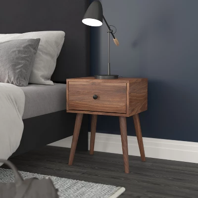 Emma And Oliver Mid-Century Modern Wooden Night Stand With Soft Close Drawer And Sleek Tapered Legs With Protective Floor Glides In Dark Walnut 3 Emma And Oliver Mid-Century Modern Wooden Night Stand With Soft Close Drawer And Sleek Tapered Legs With Protective Floor Glides In Dark Walnut - Image 3