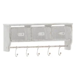 Emma And Oliver Rustic Country Wall Mounted Shelf With 5 Adjustable Sliding Hooks And Three Wire Storage Baskets -Emma And Oliver GUEST 263323ad 84df 45ee ada0 5d1f94161ab5
