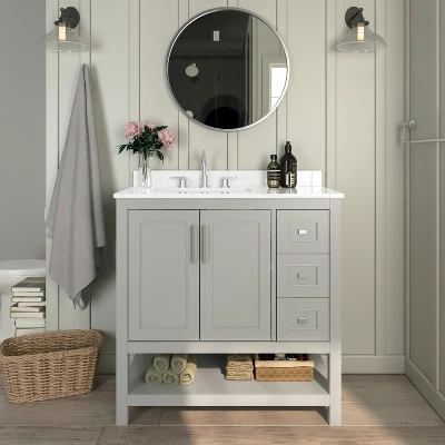 Emma And Oliver Bathroom Vanity, Single Sink Cabinet With 2 Soft Close Doors, Open Shelf And 3 Drawers, Carrara Marble Finish Countertop 1 Emma And Oliver Bathroom Vanity, Single Sink Cabinet With 2 Soft Close Doors, Open Shelf And 3 Drawers, Carrara Marble Finish Countertop