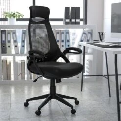 Emma And Oliver High Back Black Mesh Executive Swivel Office Chair With Flip-Up Arms