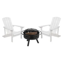 Emma And Oliver Three Piece Hartford Camping Set With Two Faux Wood Adirondack Chairs And Star And Moon Fire Pit With Mesh Cover -Emma And Oliver GUEST 28c0f3af 11f6 4a8b 8c3b 857b436267d4