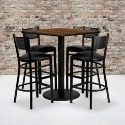 Emma And Oliver 36" Square Walnut Laminate Table Set, 4 Grid Back Metal Barstools