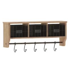 Emma And Oliver Rustic Country Wall Mounted Shelf With 5 Adjustable Sliding Hooks And Three Wire Storage Baskets -Emma And Oliver GUEST 2d6f6037 db0d 4f80 b928 1e0e5cda304b