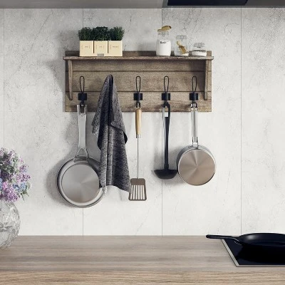 Emma And Oliver Rustic Wall Hanging Storage Rack With 5 Hooks For Entryway, Kitchen, Bathroom And More 4 Emma And Oliver Rustic Wall Hanging Storage Rack With 5 Hooks For Entryway, Kitchen, Bathroom And More - Image 4