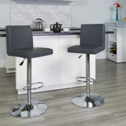 Emma And Oliver 2 Pack Contemporary Vinyl Adjustable Height Barstool With Panel Back And Chrome Base