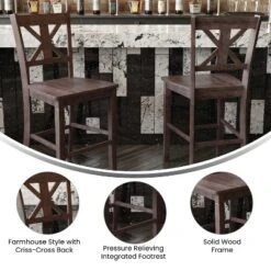 Emma And Oliver Set Of 2 Wooden Modern Farmhouse Bar Height Dining Stool With Decorative Carved Backrest And Wood Seat -Emma And Oliver GUEST 36491f27 44dc 4644 af2c 90a5a0efb500