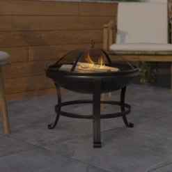 Emma And Oliver 22" Round Wood Burning Outdoor Portable Firepit With Mesh Spark Screen And Poker