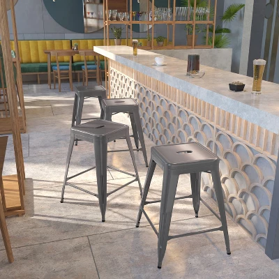 Emma And Oliver 4 Pack 24"H Backless Clear Coated Metal Indoor Counter Height Stool W/ Square Seat 1 Emma And Oliver 4 Pack 24"H Backless Clear Coated Metal Indoor Counter Height Stool W/ Square Seat