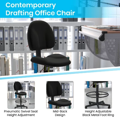 Emma And Oliver Black Fabric Mid-Back Drafting Chair With Back Depth Adjustment, Height Adjustable Swivel Seat And Footring 2 Emma And Oliver Black Fabric Mid-Back Drafting Chair With Back Depth Adjustment, Height Adjustable Swivel Seat And Footring - Image 2