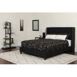 Emma And Oliver Queen Accent Extended Panel Platform Bed/Mattress-Black Fabric
