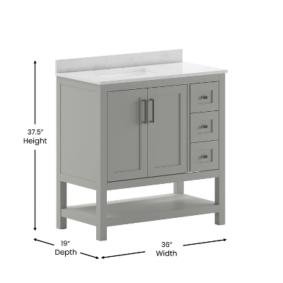 Emma And Oliver Bathroom Vanity, Single Sink Cabinet With 2 Soft Close Doors, Open Shelf And 3 Drawers, Carrara Marble Finish Countertop 7 Emma And Oliver Bathroom Vanity, Single Sink Cabinet With 2 Soft Close Doors, Open Shelf And 3 Drawers, Carrara Marble Finish Countertop - Image 7