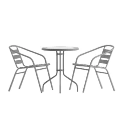 Emma And Oliver 23.75'' Round Glass Top Metal Table With 2 Aluminum Slat Stack Chairs 24 Emma And Oliver 23.75'' Round Glass Top Metal Table With 2 Aluminum Slat Stack Chairs -Emma And Oliver GUEST 4044f60d 90cf 4167 8716 7582044f6a13