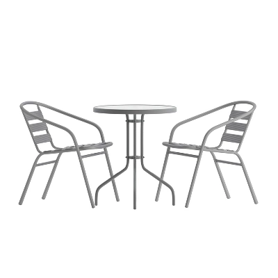 Emma And Oliver 23.75'' Round Glass Top Metal Table With 2 Aluminum Slat Stack Chairs 12 Emma And Oliver 23.75'' Round Glass Top Metal Table With 2 Aluminum Slat Stack Chairs - Image 12