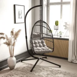 Emma And Oliver Awen Foldable Hanging Egg Chair With Woven Finish, Removable Cushions, And Included Stand For Indoor And Outdoor Use -Emma And Oliver GUEST 412dff14 59dd 4cb9 8061 35b8ff5b7d68