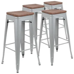 Emma And Oliver 30" High Metal Indoor Bar Stool With Wood Seat - Stackable Set Of 4 -Emma And Oliver GUEST 443d5e99 c487 43b3 a992 79f723f9740d