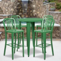 Emma And Oliver Commercial 30" Round Metal Indoor-Outdoor Bar Table Set & 4 Slat Back Stools