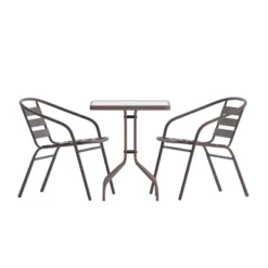Emma And Oliver 23.5'' Square Glass Top Metal Table With 2 Aluminum Slat Stack Chairs -Emma And Oliver GUEST 47995460 7dae 4a35 a2f0 92a34a022bc7