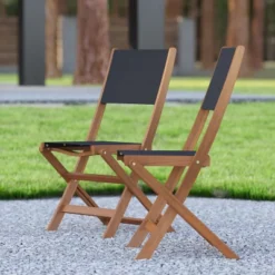 Emma And Oliver Set Of Two Weather Resistant All Natural Acacia Wood Folding Bistro Chairs With Textilene Mesh Seats And Backs