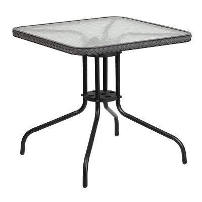 Emma And Oliver 28" Square Tempered Glass Metal Table With Rattan Edging 7 Emma And Oliver 28" Square Tempered Glass Metal Table With Rattan Edging - Image 7