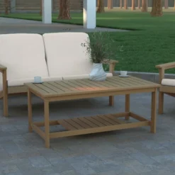 Emma And Oliver All-Weather Polyresin Two Tiered Adirondack Style Coffee Table With Slatted Top