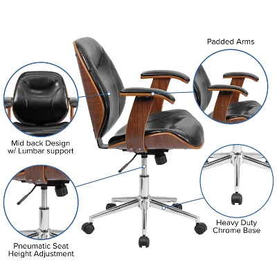 Emma And Oliver Mid-Back Black LeatherSoft Executive Ergonomic Wood Swivel Office Chair - Arms 2 Emma And Oliver Mid-Back Black LeatherSoft Executive Ergonomic Wood Swivel Office Chair - Arms - Image 2